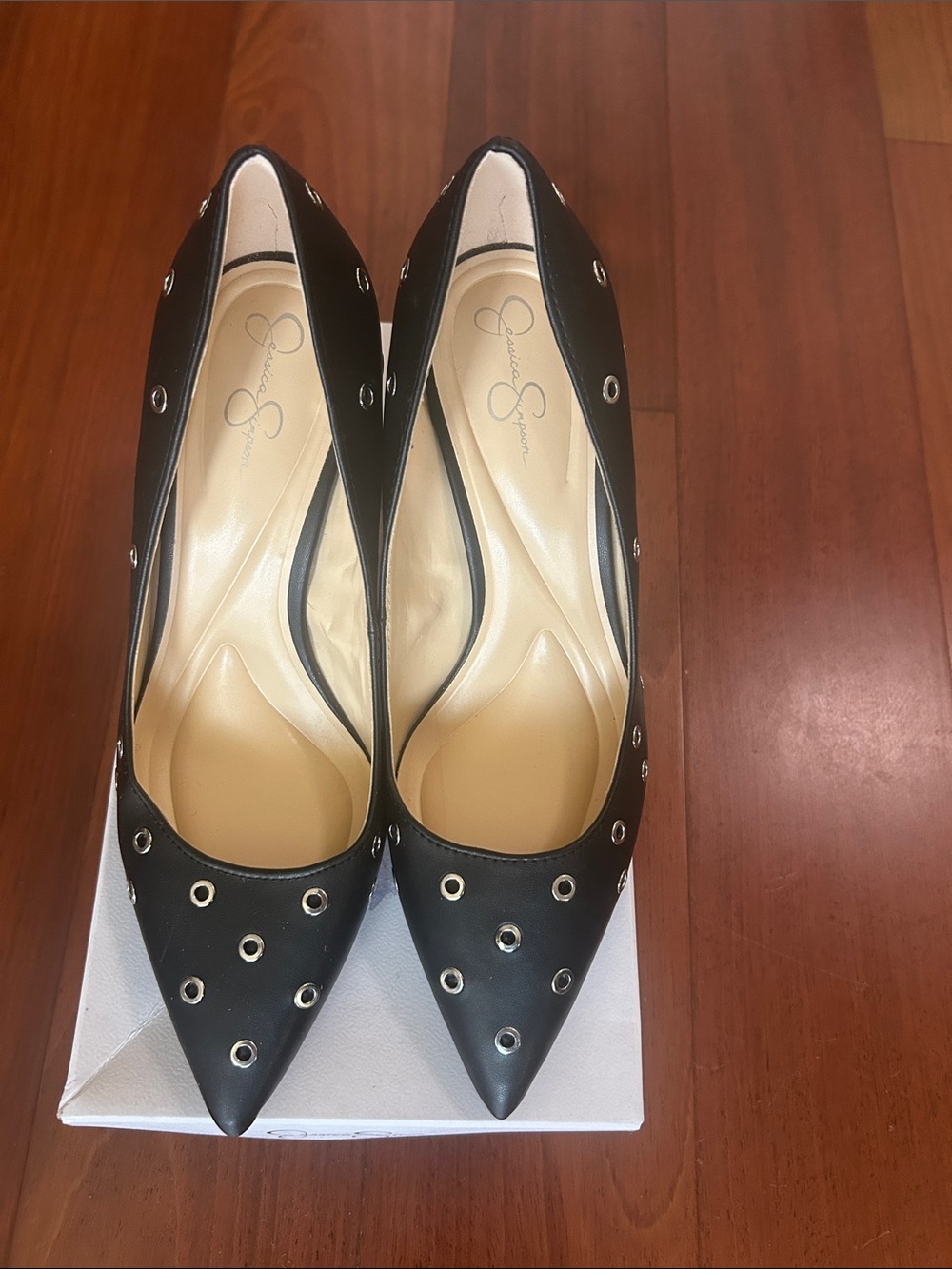 Jessica Simpson Black Pointed Toe Heels with Silver Eyelet Accents 9.5
